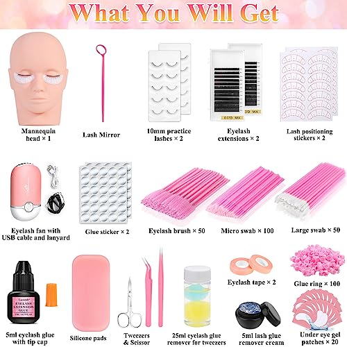 EyeLash Extension Kit for Beginners, Professional Lash EyeLash Extension Practice Kit with Everything, Mannequin Head, Eye Lashes Glue, Lash Kit for Eyelash Extensions Beginners Training