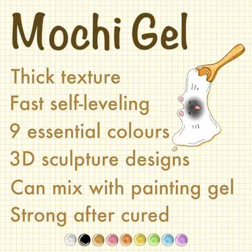 Mochi Gel 3D Sculpture Paint Set, 9 Essential Colors, Self Leveling Texture, Mixing Compatible,DIY at home, Nail salons technicians UV curable