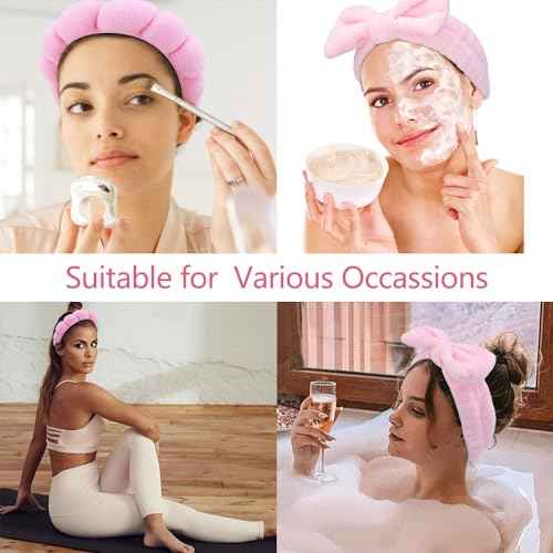 Chanaco Hairband, 2 Pcs Spa Headbands and 2 Pcs Wrist Bands for Women, Pink Microfiber Face Wash Headband with Bow Tie, Skincare Headband, Wide Occasion, Teen Girl Gifts, Trendy Stuff