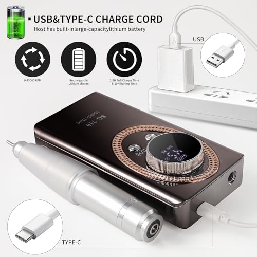 Electric Nail File for Acrylic Nail Kit, 45000RPM Electric Nail Drill Professional Manicure Pedicure Set with Nail Drill Kit Bits, Efile Cordless for Manicure
