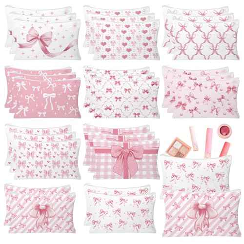 30pcs Pink Bow Makeup Bag Coquette Cosmetic Bags for Women Elegant Bow Preppy Pink Pouch Travel Toiletry Bag Bow Themed Thanksgiving Christmas Gifts for Women Girls