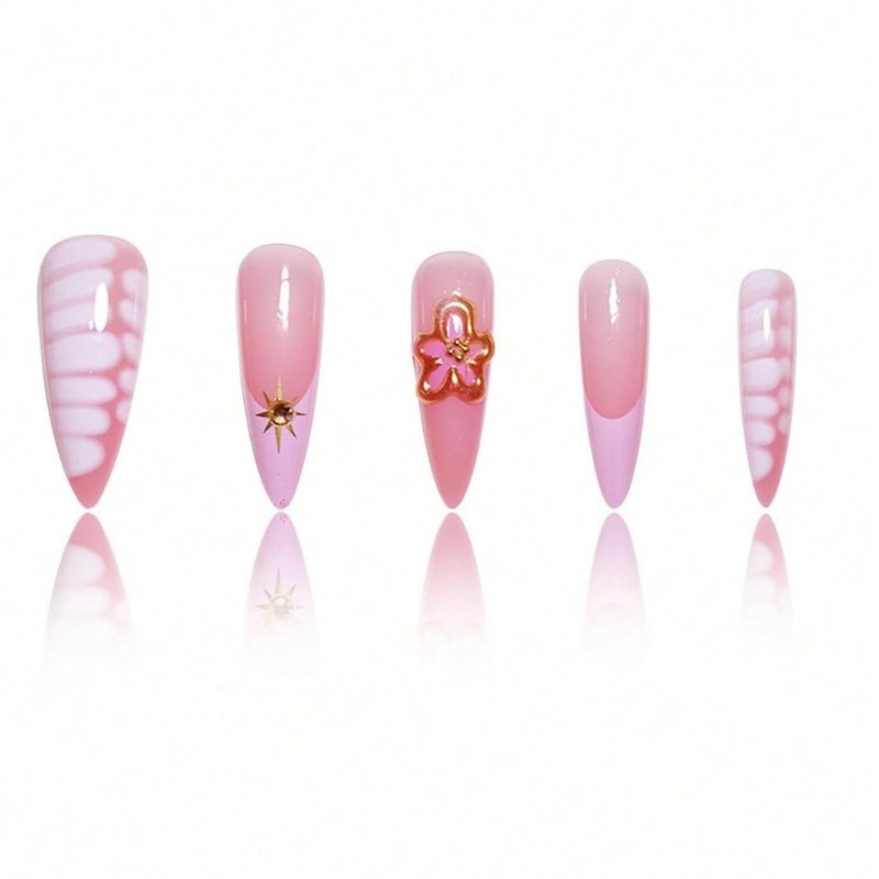 Handmade Flower Press-On Nails | Long Stiletto French Tip Design with Floral Rhinestones - Pink Almond, 24 Pcs