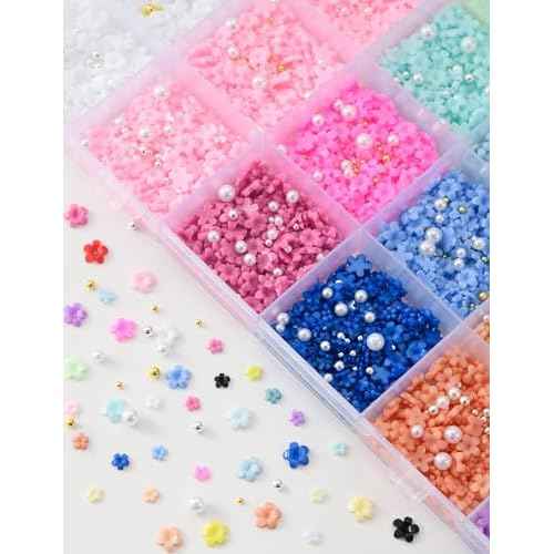 10000Pcs Flower Nail Charms Spring 3D Flowers for Nails with Caviar Beads and Flatback Pearls Cute Resin Nail Art Charms 24 Grids