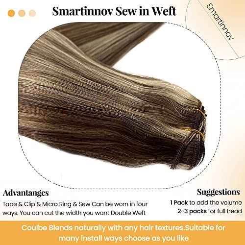 Sew in Weft Hair Extensions Blonde Highlight Human Hair Hand Tied Weft Hair Extensions 20 Inch 100Grams #4/613 Brown Balayage Blonde Double Weft Full Ends Sew in Bundles Hand Tied Weft Hair Extensions