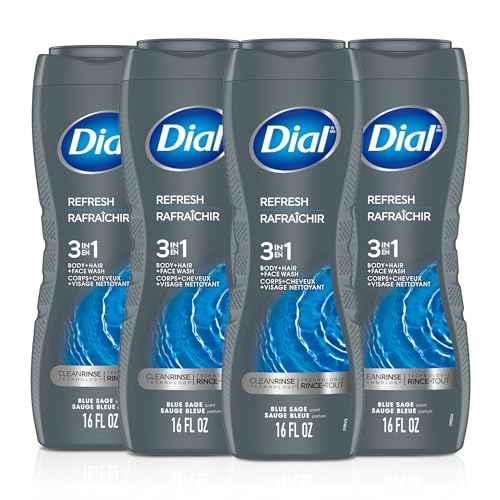 Dial Men 3 in 1 Body, Hair and Face Wash, Refresh, 16 Fl Oz (Pack of 4), Blue Sage Scent, Cleanses Deep + Gentle on Skin with Clean Rinse Technology