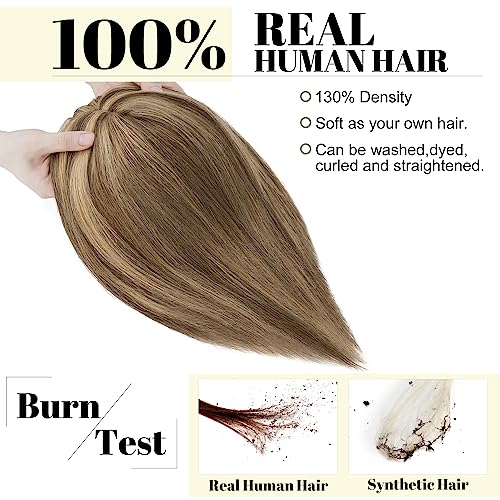 SEGO Hair Toppers for Women With Bangs Real Human Hair, 130% Density 10 * 12CM Silk Base Clip in Top Wiglet Hairpieces for Thinning Hair-6 Inch 4P27 Medium Brown&Dark Blonde