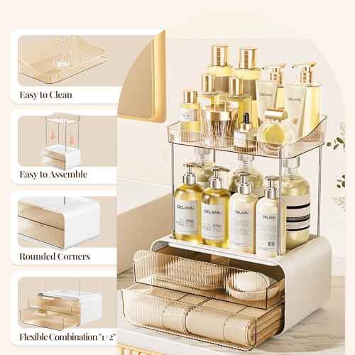 Delamu Bathroom Counter Organizer 2-Drawers 2-Tier Acrylic Makeup Organizer for Vanity Countertop, Skincare Perfume Storage, Easy Assembly, Ideal for Women, Bath Linen Sets, Amber