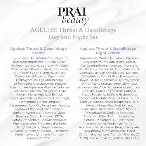 PRAI Beauty Ageless Day and Night Neck Creme Set | 1 Throat & Decolletage Day Creme and 1 Throat & Decolletage Night Creme | Skin Tightening Cream Set for Instantly Ageless Neck | 4.0 Oz Each
