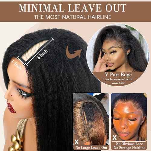 Kinky Straight V Part Wig Human Hair 20 Inch V Part Wig For Women with Drawstring 180% Density Upgrade Glueless U Part Wig No Leave Out No Sew In Kinky Straight Human Hair Wigs Natural Black