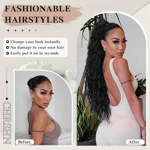 Ponytail Extension, Claw Clip Ponytail Extension Long Black Curly Clip in Pony Tails Hair Extensions 30 Inch Synthetic Layered Fluffy Hairpieces for Women