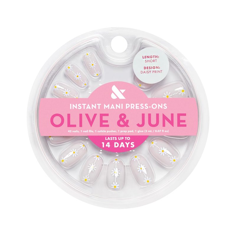 Olive & June Instant Mani Press-On Nails (Glue) | 42 Fake Nails, 21 Sizes | Non-Toxic, Long-Lasting Recycled Materials Realistic Look | Spring Flowers & Patterns | Short, Round |Daisy Chain