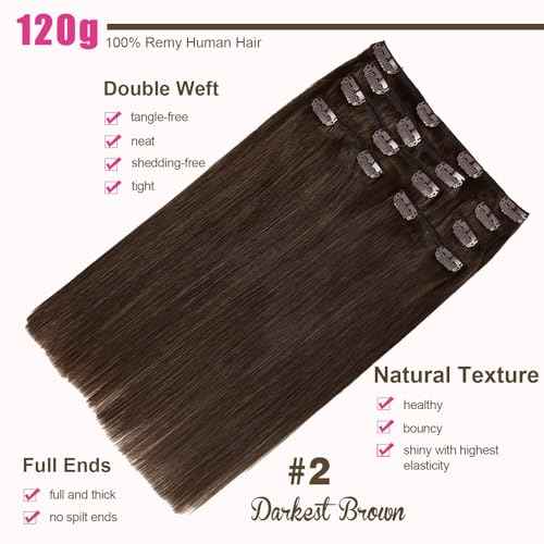 Clip in Hair Extensions Real Human Hair 120g 7pcs Human Hair Clip in Extensions 18 Inch Dark Brown #2 Thickened Straight Real Hair Extensions Clip in Human Hair