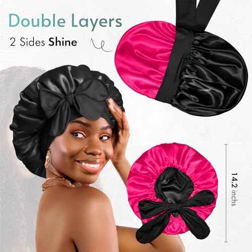 BONNET QUEEN Silk Bonnet for Sleeping Satin Bonnet with Tie Hair Wrap Double Layer Sleep Cap for Women Curly Hair, Black Hot Pink