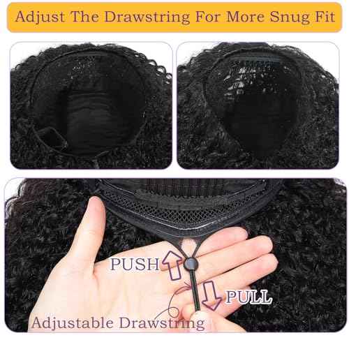 Half Wig Human Hair Kinky Curly Flip Over Wig 230% Density with Drawstring Seamless Clips Glueless Natural Black Ready to Wear Wigs for Women 16 Inch
