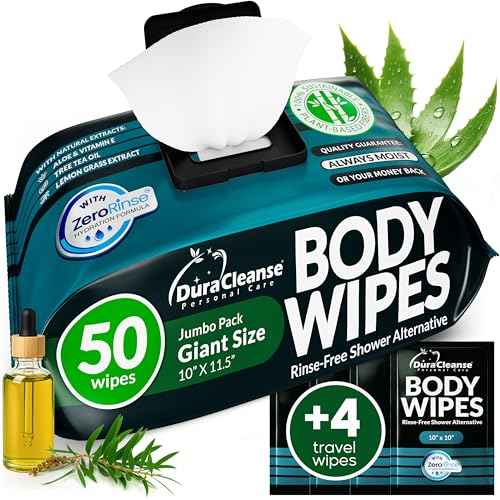 XL Body Wipes for Men ? 50 No Rinse Shower Sheets + 4 Travel Bath Sachets, 10" x 11.5" Adult Disposable Washcloths and Face Towels for Camping, After Gym and Survival Gear