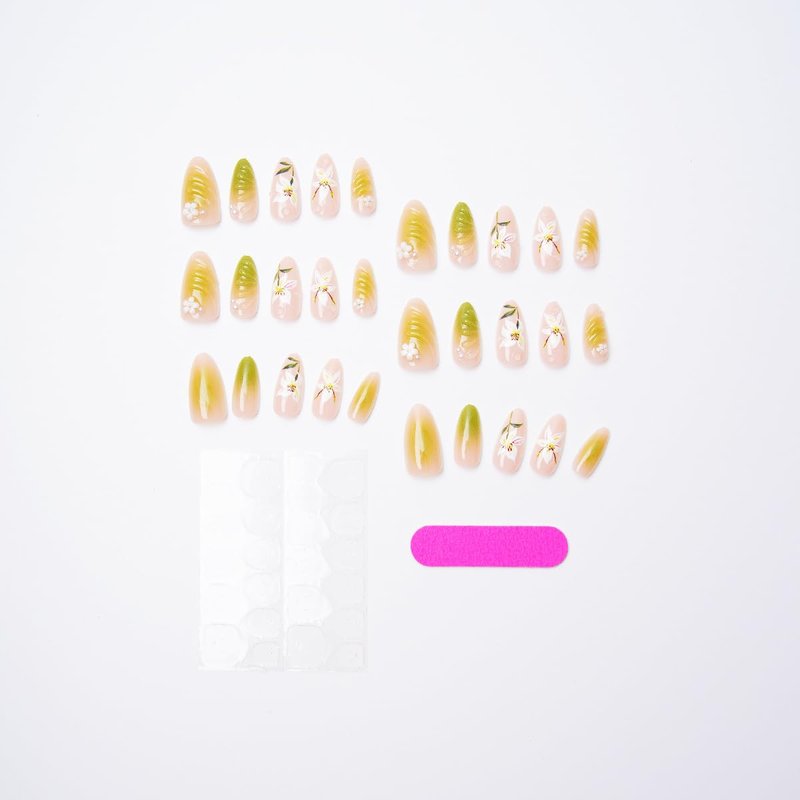 30Pcs Handmade Lily Press on Nails Green Gradient Almond Fake Nails with 3D Flower Accents Reusable Spring Summer Floral False Nails Kit for Women Manicure Nail Tips Decorations