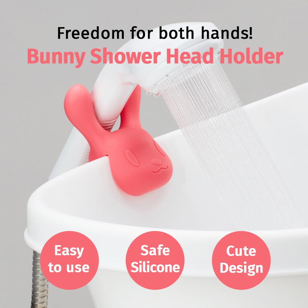 Fourfeet Bunny Shower Head Holder Clip ㅣ Durable Silicone Grip for Bathroom ㅣ Made in Korea ㅣ Secure and Non-Slip Mount for Handheld Showers ㅣ Easy to Install for All Ages - Pink