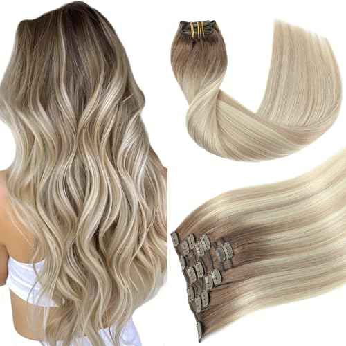 Youngsmile Clip in Hair Extensions Human Hair, 18Inch 7Pcs 120g Human Hair Extensions Clip in Balayage Ash Brown Fading to Platinum Blond mixed Ash Blond (CLIP#8/60/18-18Inch)