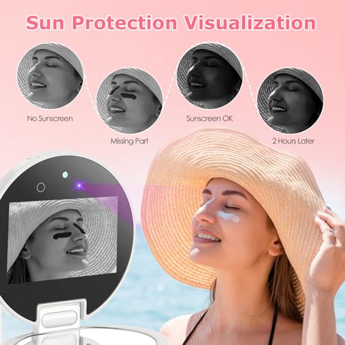 UV Camera for Sunscreen Test UV Mirror Sunscreen Camera, 3.8 Inch Rechargeable 2X Magnifying Vanity Mirror with Light Handheld Double-Sided Pocket Mirror for Skin Protection(White)