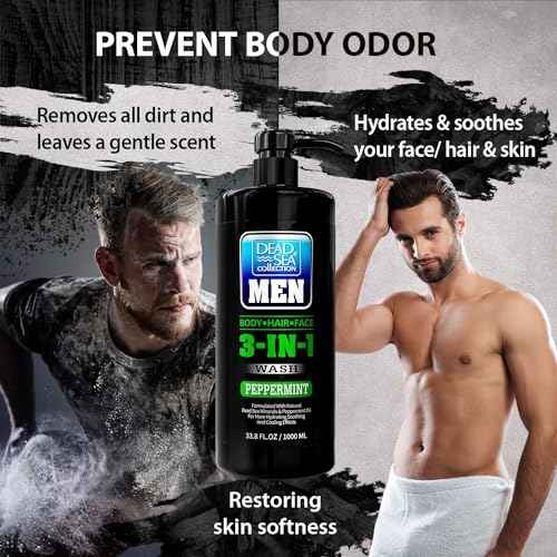 Dead Sea Collection Mens Body Wash 3 in 1 ? Peppermint Body Wash for Men ? Shower Gel ? Shampoo ? Shower Soap for Face and Hair ? Pack of 2 Bottles (33.8 Fl. Oz. Each)