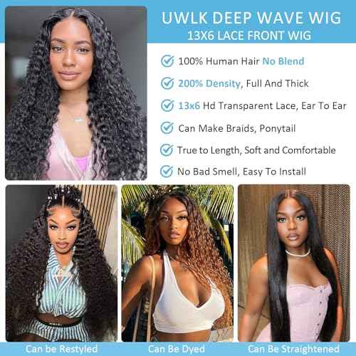 13x6 HD Lace Front Wigs Human Hair 200 Density Deep Wave Frontal Wigs for Women Glueless Wet and Wave Lace Front Wigs Human Hair 16 Inch