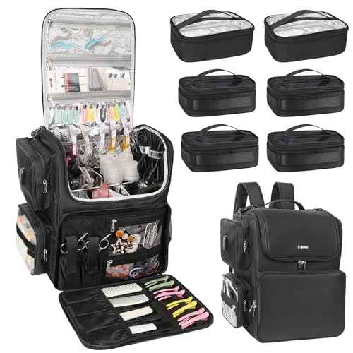 Relavel Hair Tools Travel Bag with 6 Pcs Clear Bags, Hair Stylist Backpack Hairdresser Cosmetology Bag, Heat Insulation Full Layer for Curling Iron, Hair Straightener, Travel Accessories Train Case