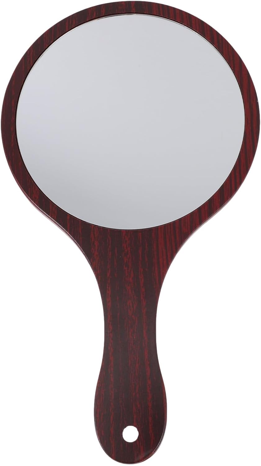 Wooden Handle Handheld Makeup Mirror - Lightweight Round Cosmetic Mirror for Travel & Home Use