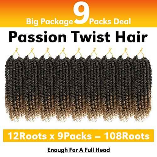 Passion Twist Hair 8 Inch 9packs Passion Twist Crochet Hair for Black Women,Pre twisted Crochet Passion Twist Hair With Curly Ends T27