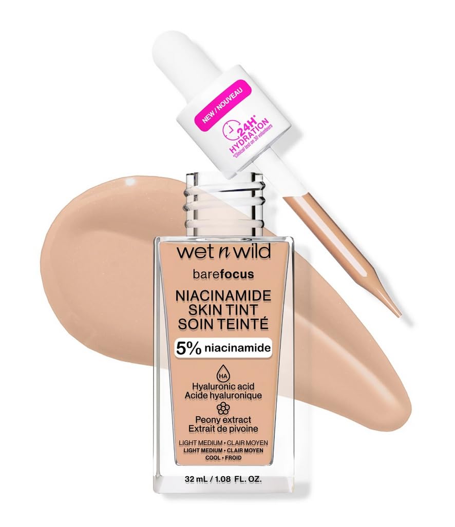wet n wild Bare Focus Skin Tint, 5% Niacinamide Enriched, Buildable Sheer Lightweight Coverage, Natural Radiant Finish, Hyaluronic & Vitamin Hydration Boost, Cruelty-Free & Vegan-Light Medium Sand