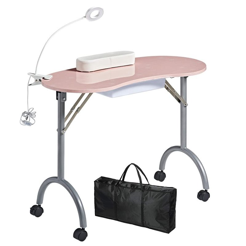 CHAOEEMY Portable Manicure Table，Folding Nail Desk for Teach with Large PP Plastic Drawer、LED-Light、Wrist Rest、Carry Bag for Home Manicure、spa Salon、professtional Nail Painting、Tattoo,Pink