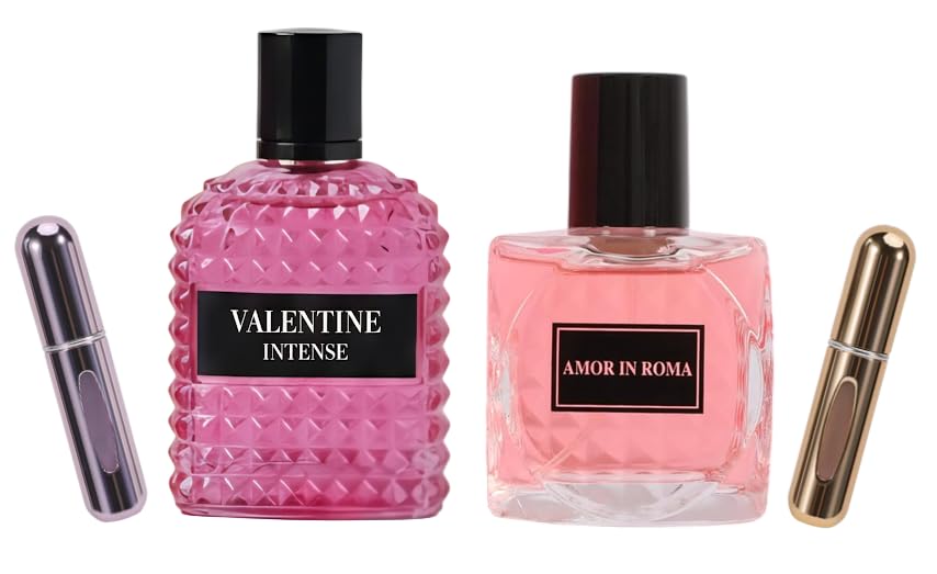 Valentine Intense and Amor in Roma Perfume Gift Set for Women EDP – (3.3oz x2) Jasmine & Vanilla Fregrance Perfume Set with a Modern Elegant Twist, Plus 2 Refillable 5ml Travel Spray Bottles