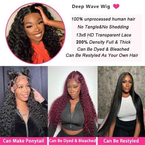 26 Inch 13x6 Deep Wave Lace Front Wigs Human Hair Pre Plucked HD Lace Front Curly Wigs Human Hair 200% Density Glueless Frontal Wigs Human Hair with Black Color