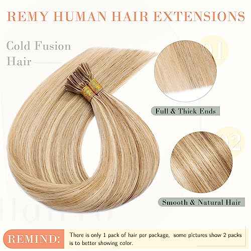 Hairro I Tip Hair Extension For Women Pre Bonded Cold Fusion Keratin Stick Highlight Tipped Hair Pieces Beaded Hair Extensions 22" 100 Strands 50g #12P613 Golden Brown Mix Bleach Blonde