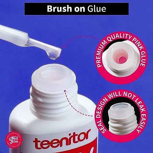 Teenitor Strong Nail Glue, 42ml Professional for Press Ons, Brush-On for Acrylic Nails, Bond With File, Long Lasting, 10 Pcs