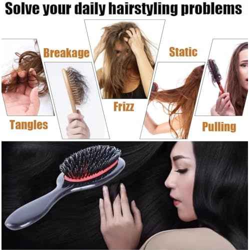 Boar Bristle Detangling Paddle Hair Brush and Comb Set for Women Men, Anti-frizz Styling Hairbrush for Curly Fine Wavy Natural Tangled Hair, Boar Nylon Bristle Cushioned Brush