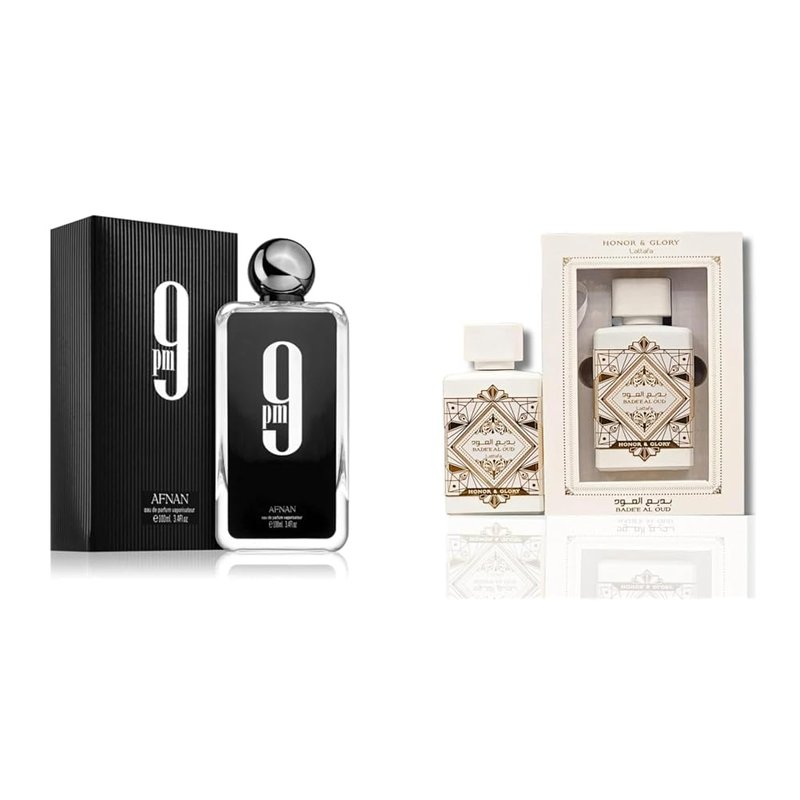 Afnan 9 Pm Pour Homme Eau de Parfum Spray for Men, 3.4 Ounce and Lattafa BADE'E AL OUD HONOR & GLORY 3.4 EAU DE PARFUM SPRAY Bundle