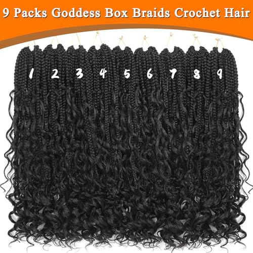 9 Packs Boho Goddess Box Braids Crochet Hair Bohemian Box with Curly Ends Pre-Looped Synthetic Hair Extensions for Black Women(24 Inch,1B)