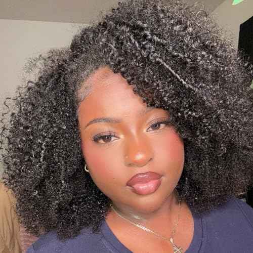 Domiso Afro Kinky Curly Half Wig with Drawstring Human Hair Wigs 3 In 1 Flip Over Half Wig Glueless Wig Elastic Band Clip in Human Hair Black Color Short Bob Wig14 Inch