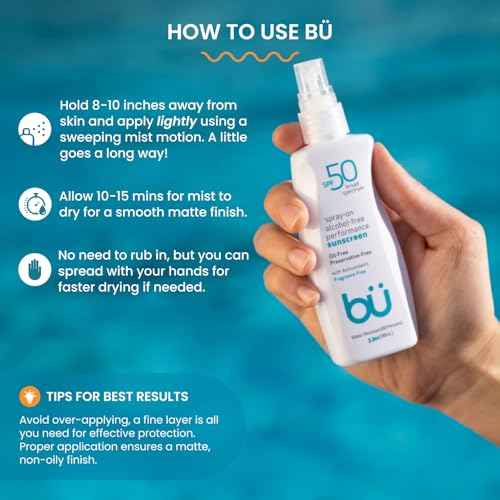BU SPF 50 Sunscreen Spray for Face and Body, Fragrance Free, Clear Non Aeorsol, Non Greasy and Water Resistant (3-pack)
