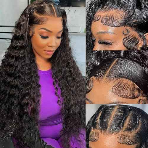 13x6 Deep Wave Wigs Human Hair Deep Wave Lace Front Wigs Human Hair 200% Density HD Lace Frontal Wigs for Balck Women Pre Plucked Glueless Deep Curly Wig Natural Black (28 Inch)