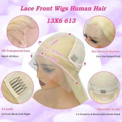 22 Inch 613 Lace Front Wigs Human Hair 180 Density Blonde Wig Human Hair 613 Straight Frontal Wigs Human Hair Pre Plucked For Women 13x6 Honey Blonde HD Lace Front Wig