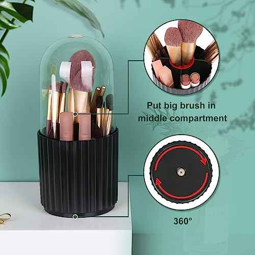 JessLab Makeup Brush Holder Organizer with Lid, 360 Degree Rotatable Spinning Cosmetics Holder Display for Bathroom Vanity Countertop, Black