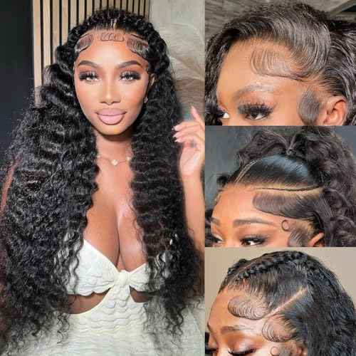 Deep Wave Lace Front Wig Human Hair 13x4 HD Lace Front Deep Wave Wig For Women Frontal Brazilian Human Hair Pre Plucked Curly Wet and Wavy 180 Density Bleached,Average Cap,Tangle Free 24 Inch