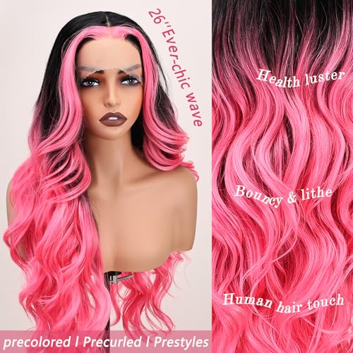 SISgrace Pink Highlight Wig Lace Front Wigs Synthetic Body Wave Wig Wear and Go 13x4x1 T-part Lace Middle Part Synthetic Wigs 28 Inch Pre-Plucked HD Glueless Lace Front Wig for Women