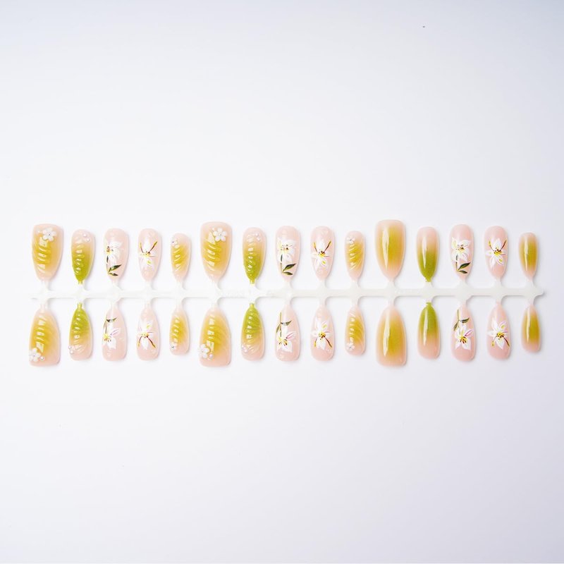 30Pcs Handmade Lily Press on Nails Green Gradient Almond Fake Nails with 3D Flower Accents Reusable Spring Summer Floral False Nails Kit for Women Manicure Nail Tips Decorations