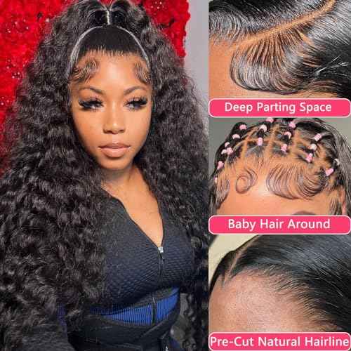 24 Inch Water Wave Lace Front Wigs Human Hair Wigs for Black Women 180% Density 5x5 HD Lace Front Glueless Wigs Human Hair Pre Plucked with Baby Hair Deep Curly Lace Frontal Human Hair Wig