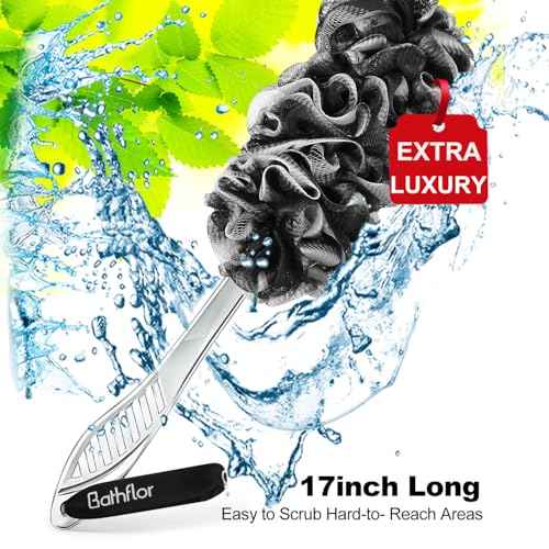 Loofah Sponge Exfoliating Body Scrubber: 4PCS Extra Large 80g Shower Loofahs Poufs, 1PCS Long Handle Loofa Back Scrubber, 1PCS Luffa Hook, Charcoal Loofah Pack for Women Men Bath Wash, Black