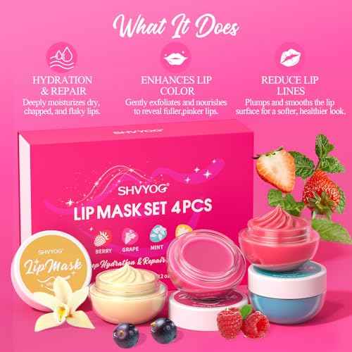 4 Pack Lip Mask Set, Hydrating Lip Mask Overnight - Berry, Grape, Mint, Vanilla Flavors, Lip Sleeping Mask Nourish Lip Balm with Vitamin C & Shea Butter | Dry Lips Care Gift