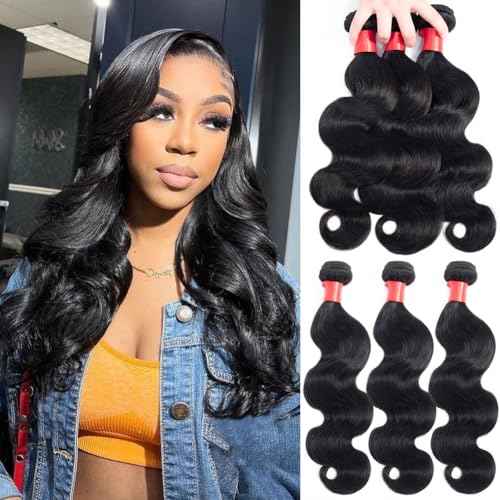 Douyin Brazilian Body Wave 3 Bundles Human Hair 16 18 20 Inch 12A 100% Unprocessed Virgin Human Hair Weave Bundles Deals Natural Black Color (1B Black£¬16 18 20)