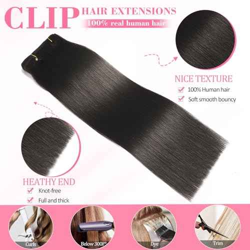 Clip in Hair Extensions Real Human Hair, Seamless Human hair Clip ins Extensions for Women Invisible Straight 8Pcs Double Weft 1B Natural Black 24inch 120g